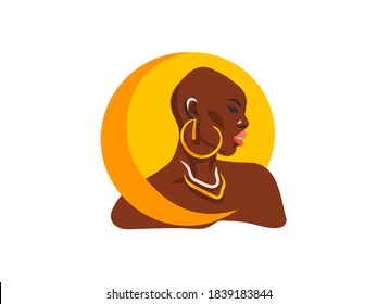 Hand drawn vector abstract stock flat graphic illustration with ethnic tribal black beautiful african american woman and golden earrings and moon in simple style ,isolated on white background