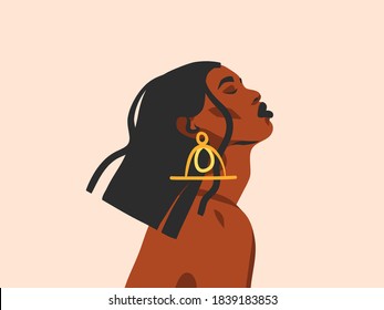 Hand drawn vector abstract stock flat graphic illustration with ethnic tribal black beautiful african american woman and golden earrings simple style ,isolated on white background