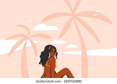 Hand drawn vector abstract stock flat graphic illustration with young ,happy black afro american beauty woman in swimsuit on sundown view scene on the beach isolated on pink pastel background