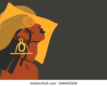 Hand drawn vector abstract stock flat graphic illustration with ethnic tribal black beautiful african american woman and golden earrings simple style ,isolated on black background