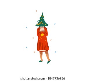 Hand drawn vector abstract stock flat Merry Christmas,and Happy New Year time cartoon festive card with cute illustrations of fashion modern girl holding little xmas tree isolated on white background