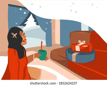 Hand drawn vector abstract stock flat Merry Christmas,and Happy New Year cartoon illustrations of big decorated Xmas tree and female drink cocoa in holiday home interior isolated on color background