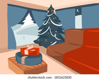 Hand drawn vector abstract stock flat Merry Christmas,and Happy New Year cartoon festive illustrations of big decorated Xmas tree and gift boxes in holiday home interior isolated on color background