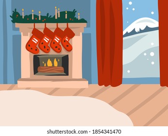 Hand drawn vector abstract stock flat Merry Christmas,and Happy New Year cartoon festive illustrations of big decorated fireplace in holiday home interior isolated on color background