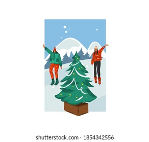 Hand drawn vector abstract stock flat Merry Christmas,and Happy New Year time cartoon festive card with cute illustrations of Xmas happy girls walking together isolated on winter landscape background