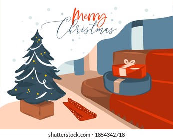 Hand drawn vector abstract stock flat Merry Christmas,and Happy New Year cartoon festive illustrations of big decorated Xmas tree and gift boxes in holiday home interior isolated on color background
