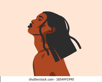 Hand drawn vector abstract stock flat graphic illustration with ethnic tribal black beautiful african american woman in simple style ,isolated on white background