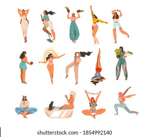 Hand drawn vector abstract stock graphic everyday routine illustrations collection set bundle with young smiling happy females have fun isolated on white background