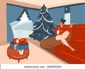 Hand drawn vector abstract stock flat Merry Christmas,and Happy New Year cartoon illustrations of big decorated Xmas tree and female drink cocoa in holiday home interior isolated on color background