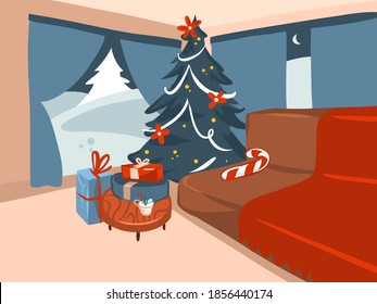 Hand drawn vector abstract stock flat Merry Christmas,and Happy New Year cartoon festive illustrations of big decorated Xmas tree in holiday home interior isolated on color background