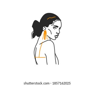Hand drawn vector abstract stock flat graphic illustration with logo elements ,female in golden jewelry sacred line art icon in simple style for branding ,isolated on white background