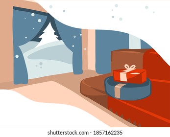 Hand drawn vector abstract stock flat Merry Christmas,and Happy New Year cartoon festive illustrations of big decorated room and gift boxes in holiday home interior isolated on color background