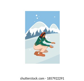 Planta de material abstracto de vector dibujado a mano Feliz Navidad, y tarjeta festiva de caricatura de Happy New Year con lindas ilustraciones de la feliz chica de Navidad caminando aislada en el paisaje invernal de fondo