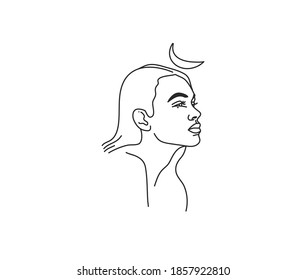 Handgezeichnete, abstrakte Stockflachgrafik mit Logo-Elementen, weibliches Portrait, Symbol für heilige Linie, einfach für die Markendarstellung, einzeln auf weißem Hintergrund