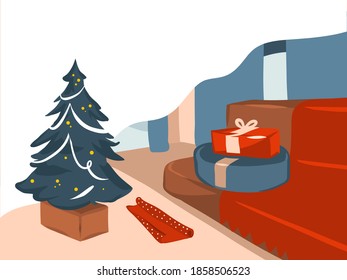 Hand drawn vector abstract stock flat Merry Christmas,and Happy New Year cartoon festive illustrations of big decorated Xmas tree and gift boxes in holiday home interior isolated on color background