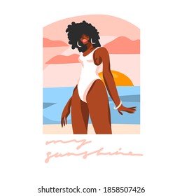 Dibujo manual vectorial abstracto material gráfico plano ilustración con joven afroamericana feliz hembra de belleza negra, en traje de baño en la escena de visión de la puesta de sol aislado en fondo blanco