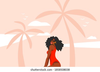 Hand drawn vector abstract stock flat graphic illustration with young ,happy black afro american beauty woman in swimsuit on sundown view scene on the beach isolated on pink pastel background