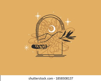 Hand drawn vector abstract stock flat graphic illustration with logo elements ,flowers and moon magic line art in simple style for branding ,isolated on gold background