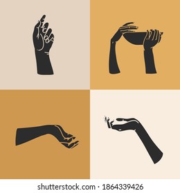 Hand drawn vector abstract stock flat graphic illustration with logo elements set,human hands silhouettes, line,magic art in simple style for branding,isolated on color background