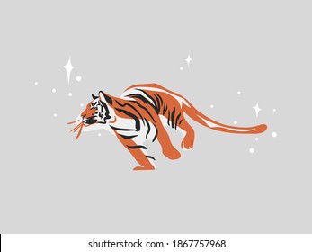 Hand drawn vector abstract stock flat graphic illustration with ethnic tribal mystic beautiful tiger in the wild,and magic stars in simple style ,isolated on white background