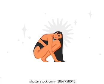 Hand drawn vector abstract stock flat graphic illustration with ethnic tribal mystic beautiful witchy woman,sun and magic stars in simple style ,isolated on white background