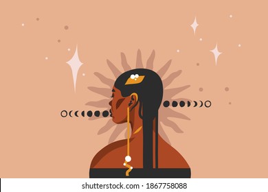 Hand drawn vector abstract stock flat graphic illustration with ethnic tribal black beautiful african american woman,sun and magic moon phases in simple style ,isolated on pastel background