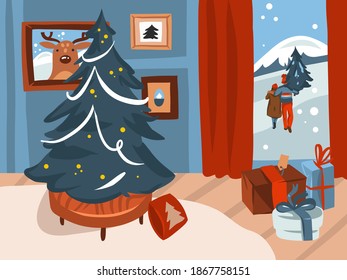 Vector de mano de material abstracto llano Feliz Navidad y Feliz Año Nuevo ilustraciones festivas de gran árbol de navidad decorado en interiores de vacaciones aislados en fondo de color