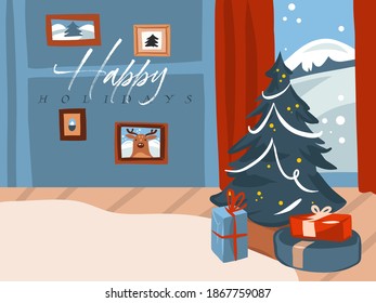 Hand drawn vector abstract stock flat Merry Christmas,and Happy New Year cartoon festive illustrations of big decorated xmas tree and gift box in holiday home interior isolated on color background