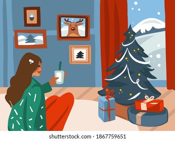 Hand drawn vector abstract stock flat Merry Christmas,and Happy New Year cartoon illustrations of big decorated Xmas tree and female drink cocoa in holiday home interior isolated on color background