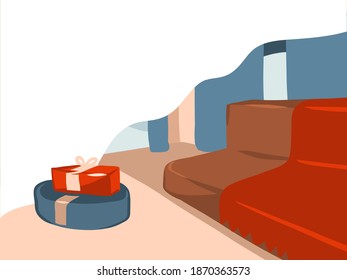 Hand drawn vector abstract stock flat Merry Christmas,and Happy New Year cartoon festive illustrations of Xmas tree gift boxes in holiday home interior isolated on color background