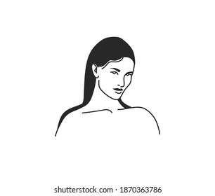 Hand drawn vector abstract stock flat graphic illustration with logo elements ,female portrait sacred line art icon in simple style for branding ,isolated on white background