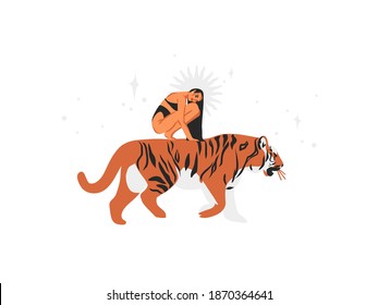 Hand drawn vector abstract stock flat graphic illustration with ethnic tribal mystic beautiful woman and tiger in the wild,and magic stars in simple style ,isolated on white background