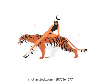 Hand drawn vector abstract stock flat graphic illustration with ethnic tribal mystic beautiful woman,moon and tiger in the wild,and magic stars in simple style ,isolated on white background