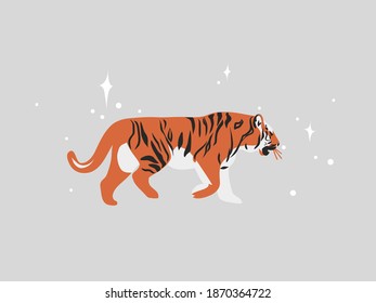 Hand drawn vector abstract stock flat graphic illustration with ethnic tribal mystic beautiful tiger in the wild,and magic stars in simple style ,isolated on white background