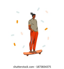 Hand drawn vector abstract stock flat contemporary illustration with happy young adult hipster african american male in fashion style outfit skates on skateboard isolated on white background