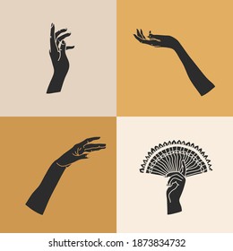 Hand drawn vector abstract stock flat graphic illustration with logo elements set,human hands silhouettes, line,magic art in simple style for branding,isolated on color background