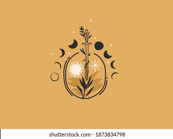 Hand drawn vector abstract stock flat graphic illustration with logo elements ,sword,sun and moon phases in arch , magic line art in simple style for branding ,isolated on color background