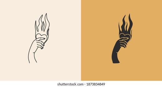 Hand drawn vector abstract stock flat graphic illustration and logo elements set  hand holding flaming heart line   silhouette magic art in simple style for branding isolated color background