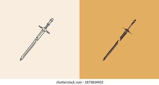 Handgezeichnete, abstrakte Stockflachgrafik mit Logoelementen, Schwertlinie und Silhouette,Zauberkunst in einfachem Stil für die Markendarstellung einzeln auf Farbhintergrund