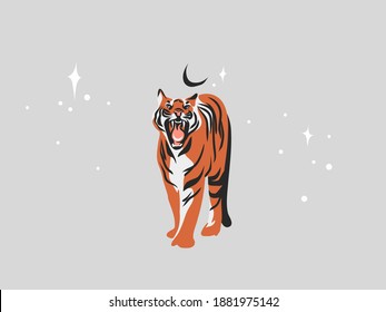 Hand drawn vector abstract stock flat graphic illustration with ethnic tribal mystic beautiful tiger in the wild,and magic stars in simple style ,isolated on white background