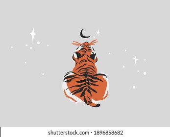 Hand drawn vector abstract stock flat graphic illustration with ethnic tribal mystic beautiful tiger in the wild,and magic stars in simple style ,isolated on white background
