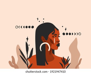 Hand drawn vector abstract stock flat graphic illustration with ethnic tribal black beautiful african american woman,sun and magic moon phases in simple style ,isolated on pastel background