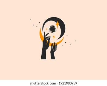 Hand drawn vector abstract stock flat graphic celestial illustration with logo elements,human hand,sun and crescent moon, magic line moon art in simple style for branding,isolated on color background.