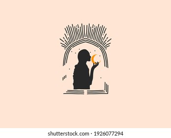 Hand drawn vector abstract stock flat graphic illustration with logo elements ,african american woman,crescent and arch, magic line moon art in simple style for branding ,isolated on white background