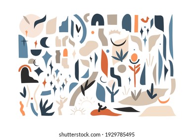 Hand drawn vector abstract stock graphic illustration collection set bundle with modern collage nature contemporary elements of branch,leaves,silhouettes,moon and stars isolated on white background