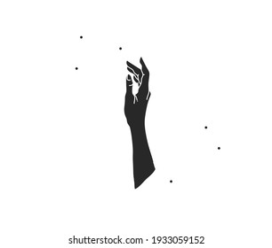 Hand drawn vector abstract stock flat graphic illustration with logo elements ,woman magic black silhouette hand touch in simple style for branding ,isolated on white background