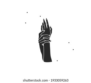 Hand drawn vector abstract stock flat graphic illustration with logo elements ,woman magic black silhouette hand touch in simple style for branding ,isolated on white background