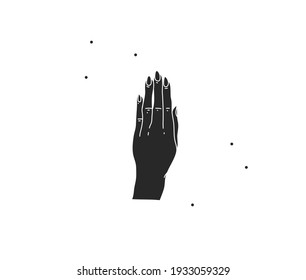 Grado abstracto de vectores dibujado a mano ilustración gráfica plana con elementos de logotipo, mujer mágica tacto de mano de silueta negra en estilo sencillo para marca, aislado en fondo blanco