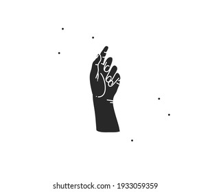 Hand drawn vector abstract stock flat graphic illustration with logo elements ,woman magic black silhouette hand touch in simple style for branding ,isolated on white background