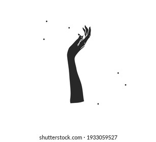 Grado abstracto de vectores dibujado a mano ilustración gráfica plana con elementos de logotipo, mujer mágica tacto de mano de silueta negra en estilo sencillo para marca, aislado en fondo blanco